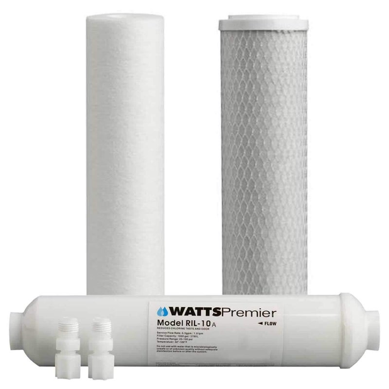 Watts Premier Annual 3-Pack Filtration Kit for 4 Stage RO-TFM-4SV and ZeroWaste RO Reverse Osmosis Systems - Sediment, Carbon Pre-Filter, 10" GAC Inline Post-Filter - Image 1